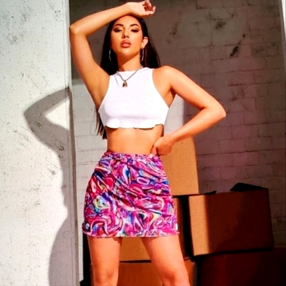 SHEIN MINI SKIRT WOMENS MULTI-COLOR TIE-DYE MESH HIGH RISE STRETCH SIZE 2 NEW